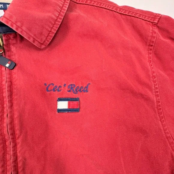Tommy Hilfiger Red Canvas Zip Jacket Mens S Flag Logo Custom Embroidery - Picture 4 of 13
